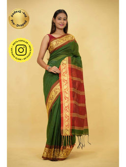 Isadora Life - Womens Woven Tassels Green Pre-Draped Saree With Unstitched Blouse