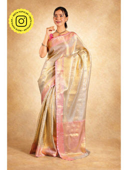 Isadora Life - Womens Woven Zari Beige Pre-Draped Saree With Unstitched Blouse