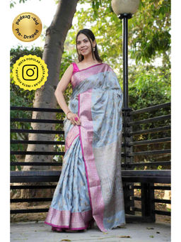 Isadora Life - Womens Woven Zari Blue Pre-Draped Saree With Unstitched Blouse