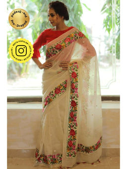 Isadora Life - Womens Floral Embroidered Beige Pre-Draped Saree With Unstitched Blouse