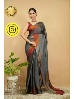 Isadora Life - Womens Printed Grey Pre-Draped Saree With Unstitched Blouse