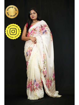 Isadora Life - Womens Embroidered Lace Work White Pre-Draped Saree With Unstitched Blouse