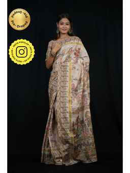 Isadora Life - Womens Printed Off White Pre-Draped Saree With Unstitched Blouse