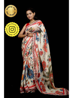 Isadora Life - Womens Floral Printed White Pre-Draped Saree With Unstitched Blouse
