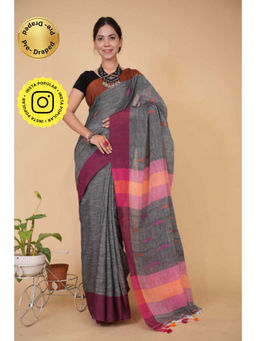 Isadora Life - Womens Woven Tassels Grey Pre-Draped Saree With Unstitched Blouse
