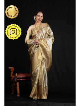 Isadora Life - Womens Woven Zari Gold Pre-Draped Saree With Unstitched Blouse