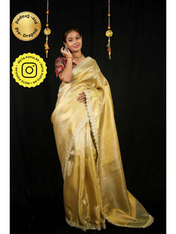Isadora Life - Womens Sequined Zari Gold Pre-Draped Saree With Unstitched Blouse