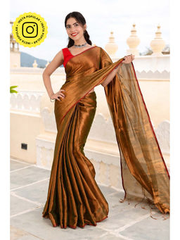 Isadora Life - Womens Solid Tassels Copper Pre-Draped Saree With Unstitched Blouse
