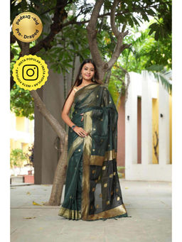 Isadora Life - Womens Woven Zari Green Pre-Draped Saree With Unstitched Blouse