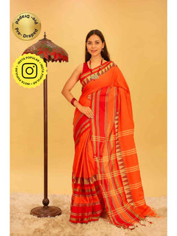 Isadora Life - Womens Woven Tassels Orange Pre-Draped Saree With Unstitched Blouse