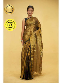 Isadora Life - Womens Woven Tassels Gold Pre-Draped Saree With Unstitched Blouse