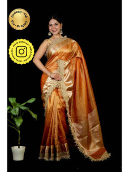Isadora Life - Womens Woven Lace Work Orange Pre-Draped Saree With Unstitched Blouse