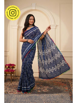 Isadora Life - Womens Printed Tassels Blue Pre-Draped Saree With Unstitched Blouse