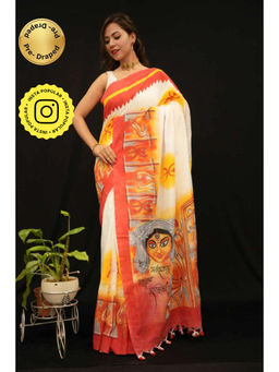 Isadora Life - Womens Printed Tassels Multi-Color Pre-Draped Saree With Unstitched Blouse