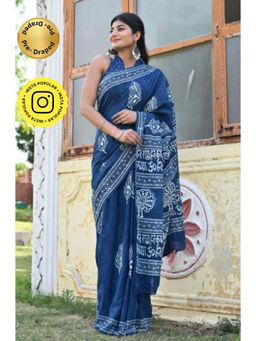 Isadora Life - Womens Hand Block Printed Blue Pre-Draped Saree With Unstitched Blouse