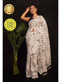 Isadora Life - Womens Typography Printed Off White Pre-Draped Saree With Unstitched Blouse