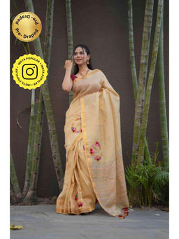 Isadora Life - Womens Embroidered Sequined Beige Pre-Draped Saree With Unstitched Blouse