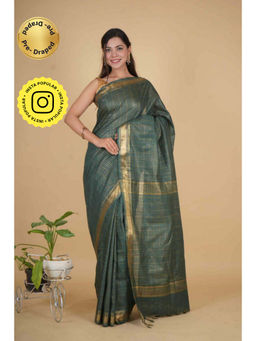 Isadora Life - Womens Checks Zari Green Pre-Draped Saree With Unstitched Blouse