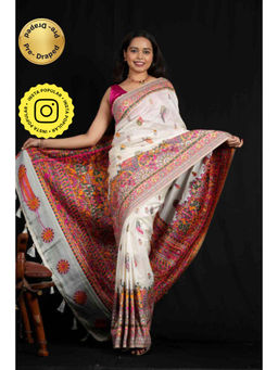 Isadora Life - Womens Printed Tassels White Pre-Draped Saree With Unstitched Blouse