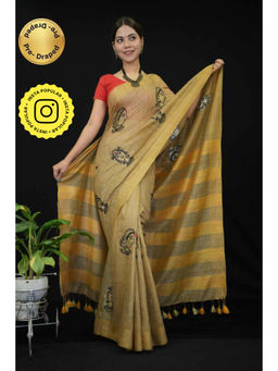 Isadora Life - Womens Embroidered Tassels Beige Pre-Draped Saree With Unstitched Blouse