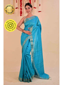 Isadora Life - Womens Stripes Zari Blue Pre-Draped Saree With Unstitched Blouse