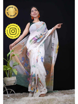Isadora Life - Womens Printed Multi-Color Pre-Draped Saree With Unstitched Blouse