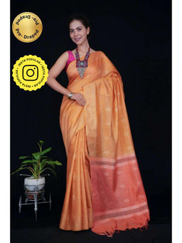 Isadora Life - Womens Woven Tassels Orange Pre-Draped Saree With Unstitched Blouse