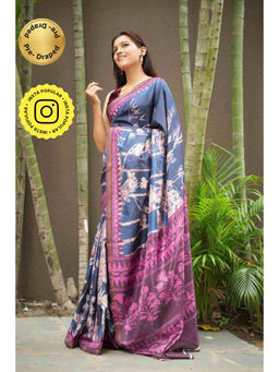 Isadora Life - Womens Floral Printed Navy Blue Pre-Draped Saree With Unstitched Blouse