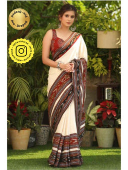Isadora Life - Womens Printed Off White Pre-Draped Saree With Unstitched Blouse