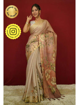 Isadora Life - Womens Floral Tassels Beige Pre-Draped Saree With Unstitched Blouse