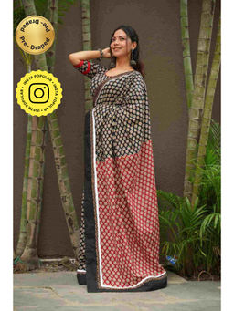 Isadora Life - Womens Printed Black Pre-Draped Saree With Unstitched Blouse