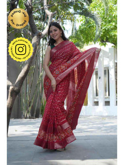 Isadora Life - Womens Bandhani Printed Red Pre-Draped Saree With Unstitched Blouse