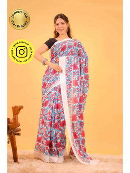 Isadora Life - Womens Floral Printed Multi-Color Pre-Draped Saree With Unstitched Blouse