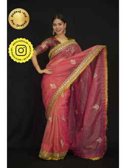 Isadora Life - Womens Embroidered Sequined Pink Pre-Draped Saree With Unstitched Blouse