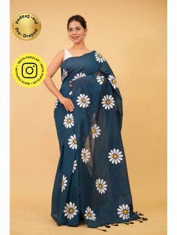 Isadora Life - Womens Floral Tassels Teal Pre-Draped Saree With Unstitched Blouse