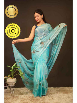 Isadora Life - Womens Printed Sequined Blue Pre-Draped Saree With Unstitched Blouse