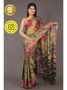 Isadora Life - Womens Abstract Printed Multi-Color Pre-Draped Saree With Unstitched Blouse