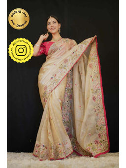 Isadora Life - Womens Embroidered Thread Work Beige Pre-Draped Saree With Unstitched Blouse