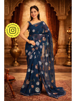 Isadora Life - Womens Floral Sequined Blue Pre-Draped Saree With Unstitched Blouse