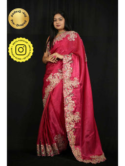 Isadora Life - Womens Embroidered Zari Pink Pre-Draped Saree With Unstitched Blouse