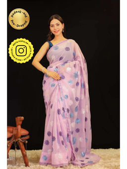 Isadora Life - Womens Floral Sequined Lavender Pre-Draped Saree With Unstitched Blouse