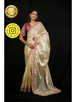 Isadora Life - Womens Embroidered Sequined Ivory Pre-Draped Saree With Unstitched Blouse