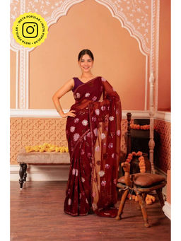 Isadora Life - Womens Floral Sequined Maroon Pre-Draped Saree With Unstitched Blouse