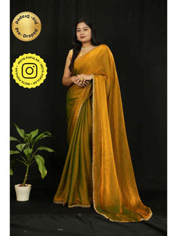 Isadora Life - Womens Solid Embroidered Mustard Pre-Draped Saree With Unstitched Blouse