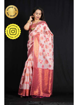 Isadora Life - Womens Floral Zari Pink Pre-Draped Saree With Unstitched Blouse