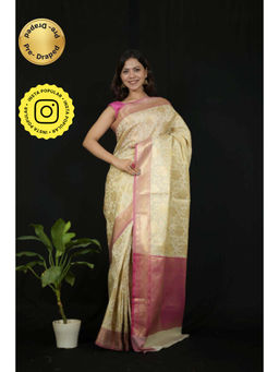 Isadora Life - Womens Woven Zari Ivory Pre-Draped Saree With Unstitched Blouse