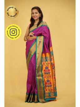 Isadora Life - Womens Woven Zari Purple Pre-Draped Saree With Unstitched Blouse