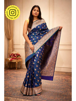 Isadora Life - Womens Woven Zari Blue Pre-Draped Saree With Unstitched Blouse