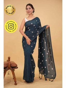 Isadora Life - Womens Embroidered Tassels Teal Pre-Draped Saree With Unstitched Blouse