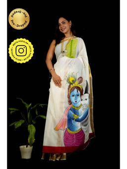 Isadora Life - Womens Zari Printed White Pre-Draped Saree With Unstitched Blouse